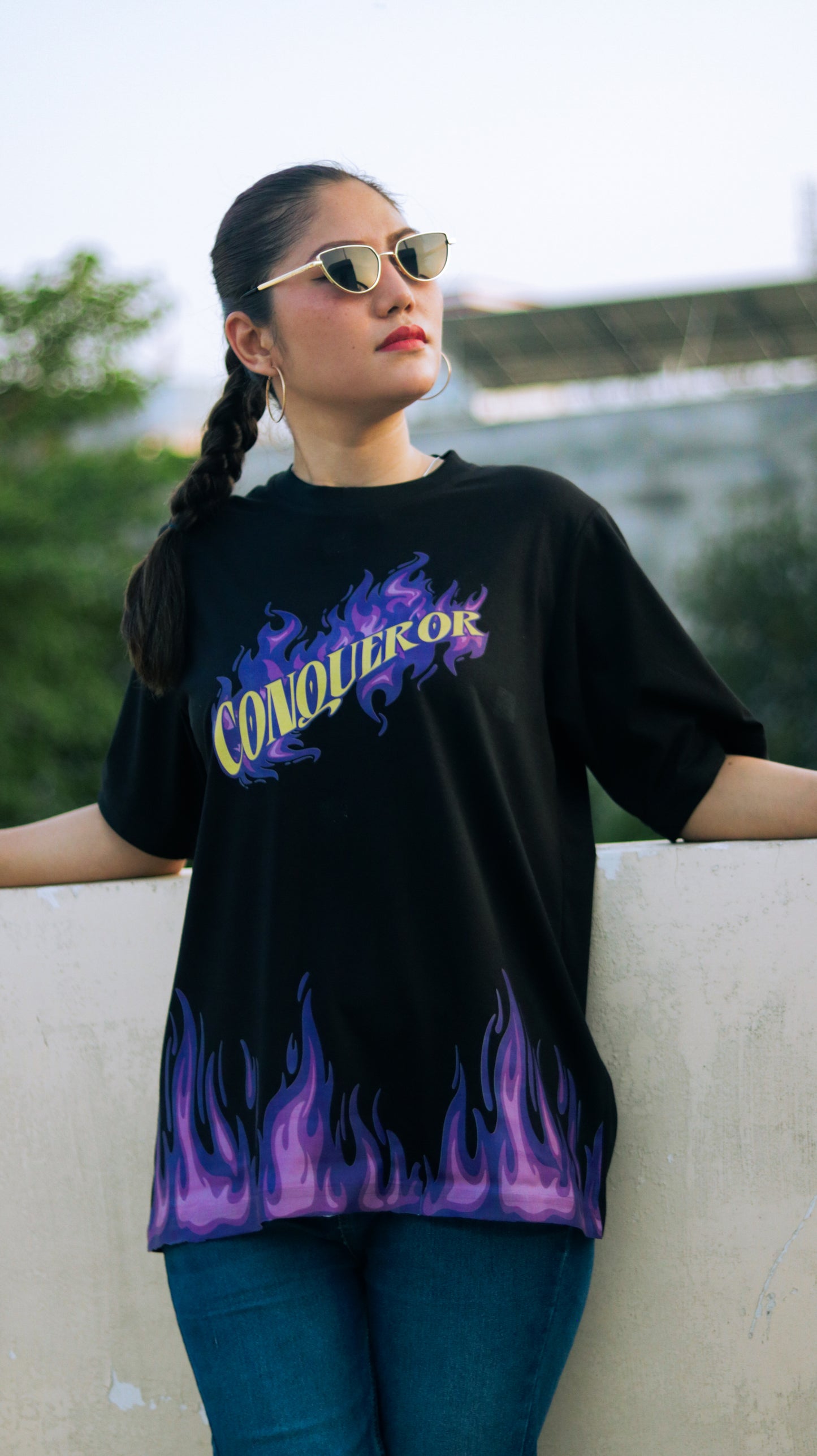 CONQUEROR – Oversized Streetwear Flame Graphic T-Shirt By Koru India