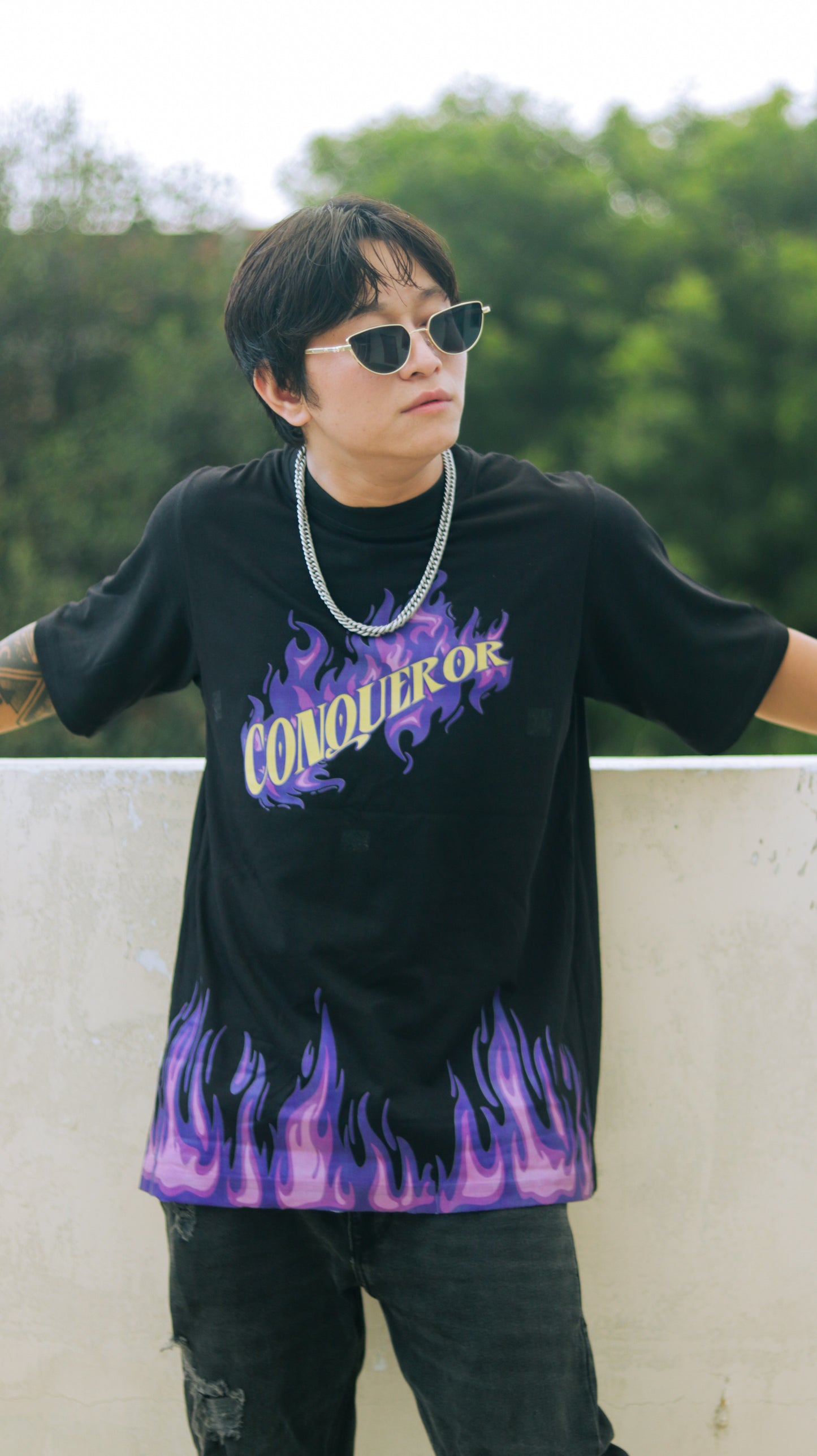 CONQUEROR – Oversized Streetwear Flame Graphic T-Shirt By Koru India